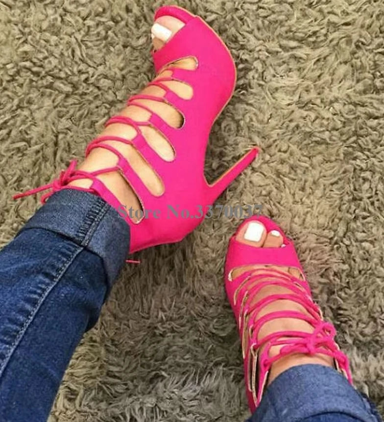 Lace Up Cross Strap Peep Toe Suede Leather Stiletto Pumps for Women