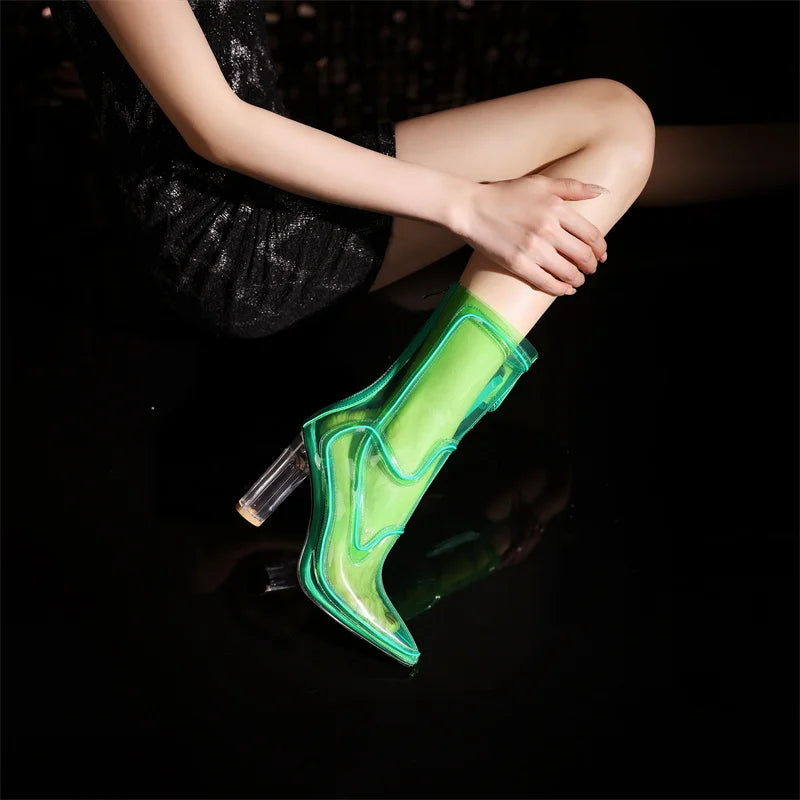 Candy Color PVC Ankle Boots Square Toe High Heels with Zipper for Women