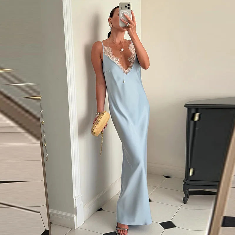 Elegant Lace V Neck Backless Maxi Evening Dress for Women