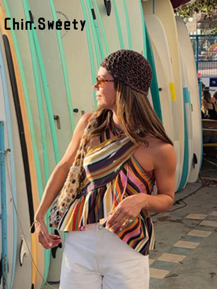 Rainbow Striped Halter Tank Top With Ruffle Trim For Women