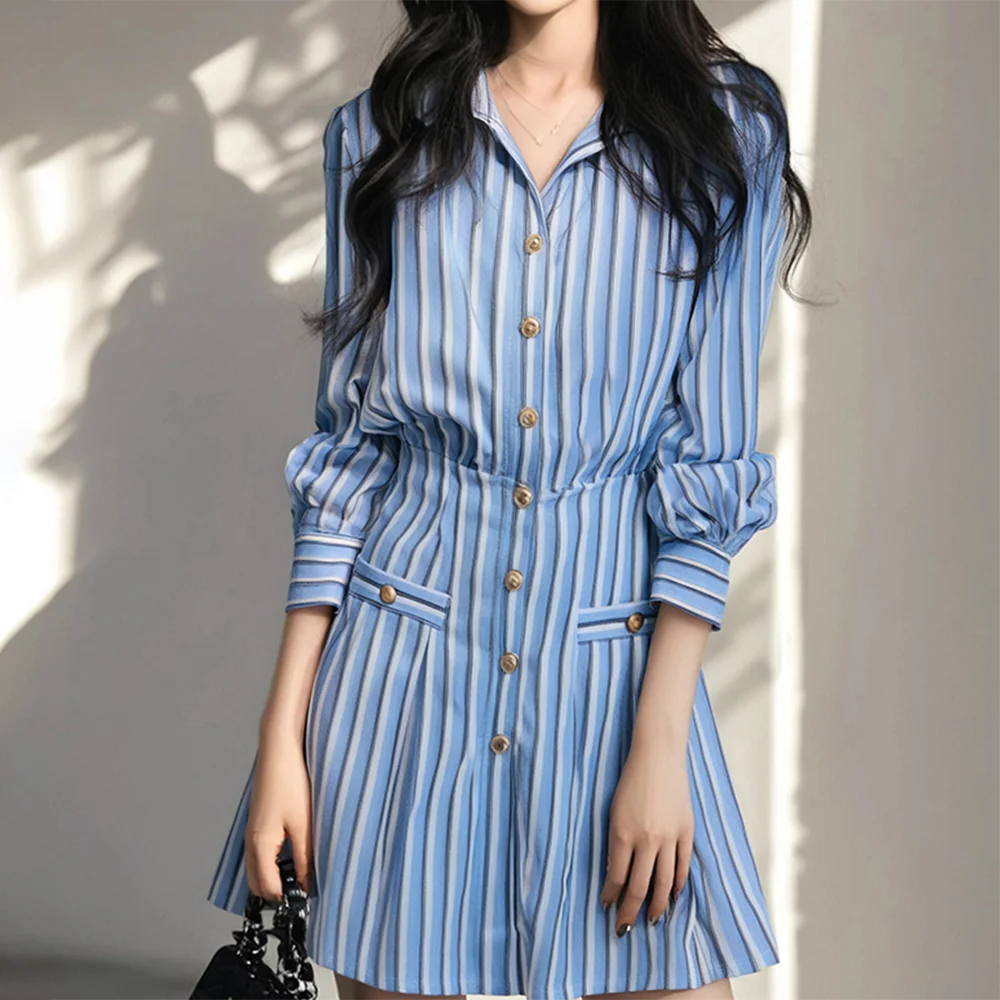 Blue and White Striped Korean Style Dress for Women