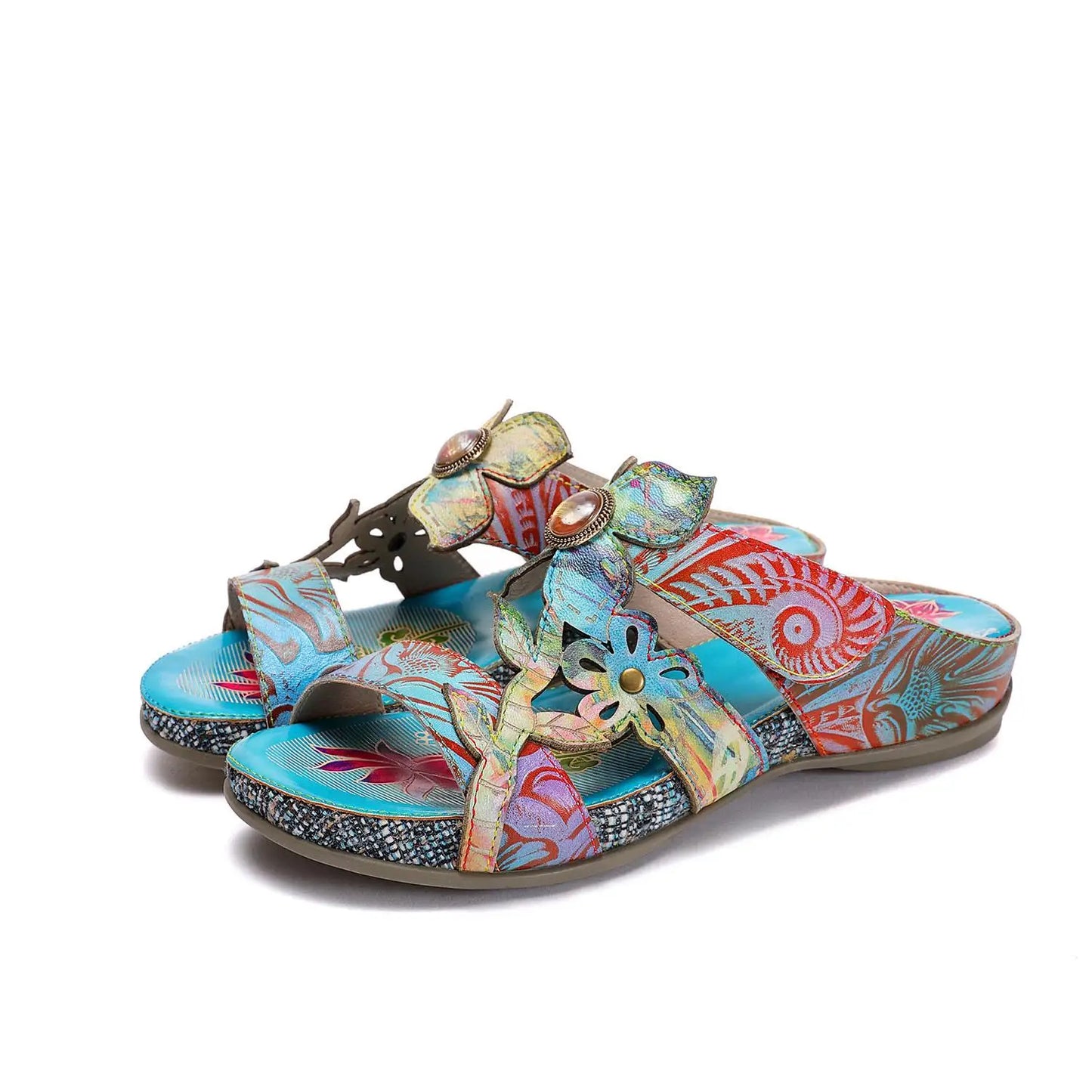 Hand Painted Genuine Leather Outdoor Summer Slides for Women