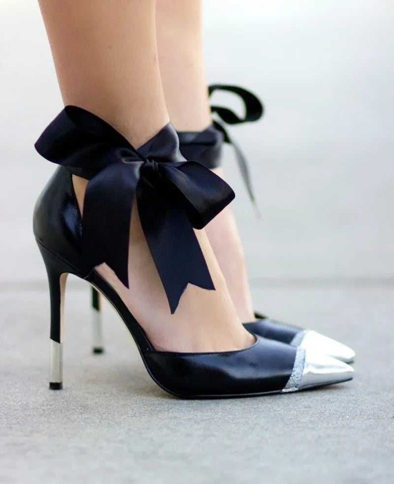 Black Faux Leather Stiletto Pumps With Satin Bow For Women