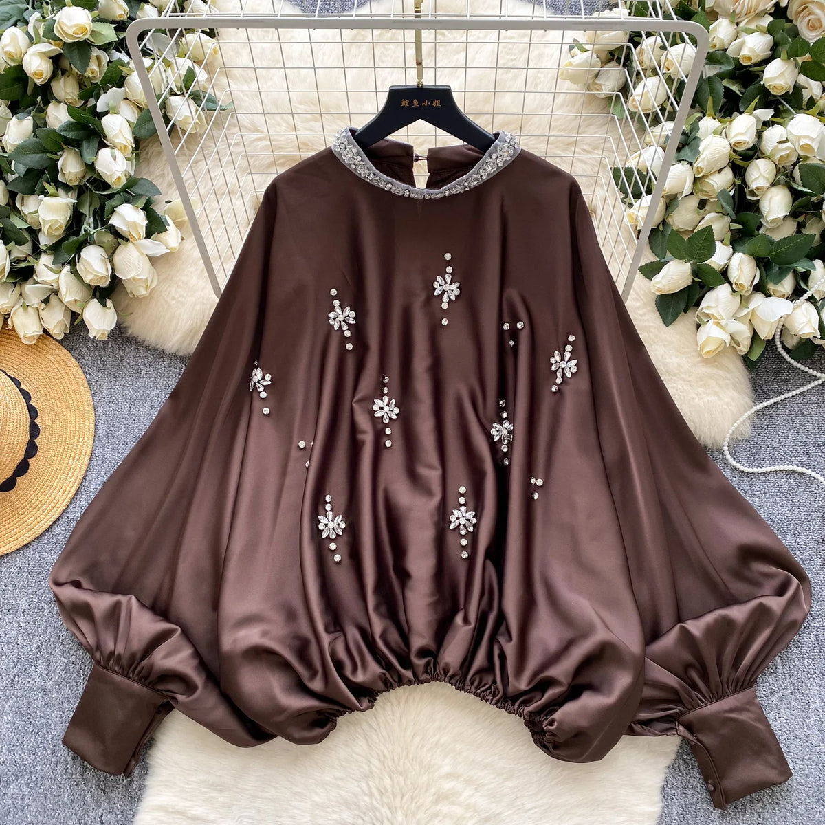 Elegant Beaded Satin Batwing Sleeve Blouse for Women