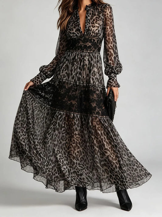 Vintage Leopard Print Pleated Chiffon Dress for Women