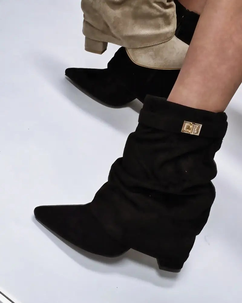 Suede Pointed Toe Metal Buckle Chunky Heel Mid Calf Boots For Women