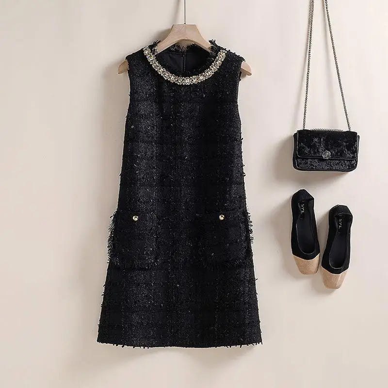 O-Neck Beaded Tweed A-Line Dress With Pockets for Women
