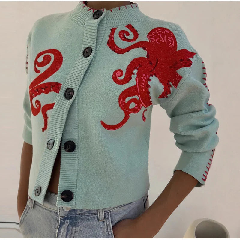 Elegant Knitted Octopus Jacquard Cardigan for Women
