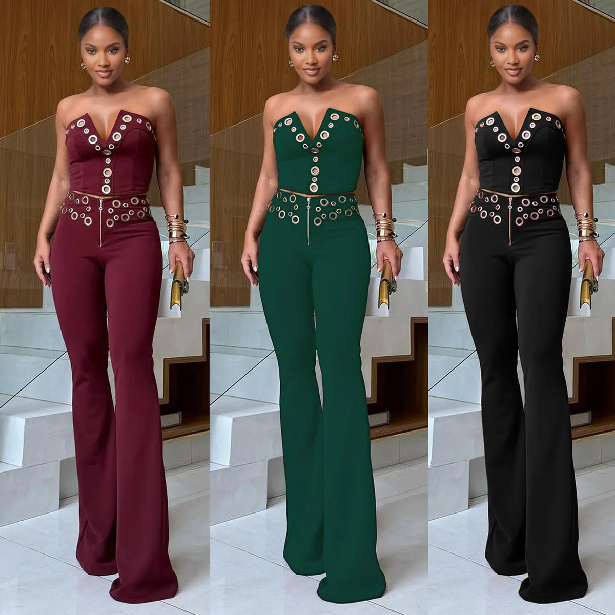 V Neck Top And Wide Leg Pants Set