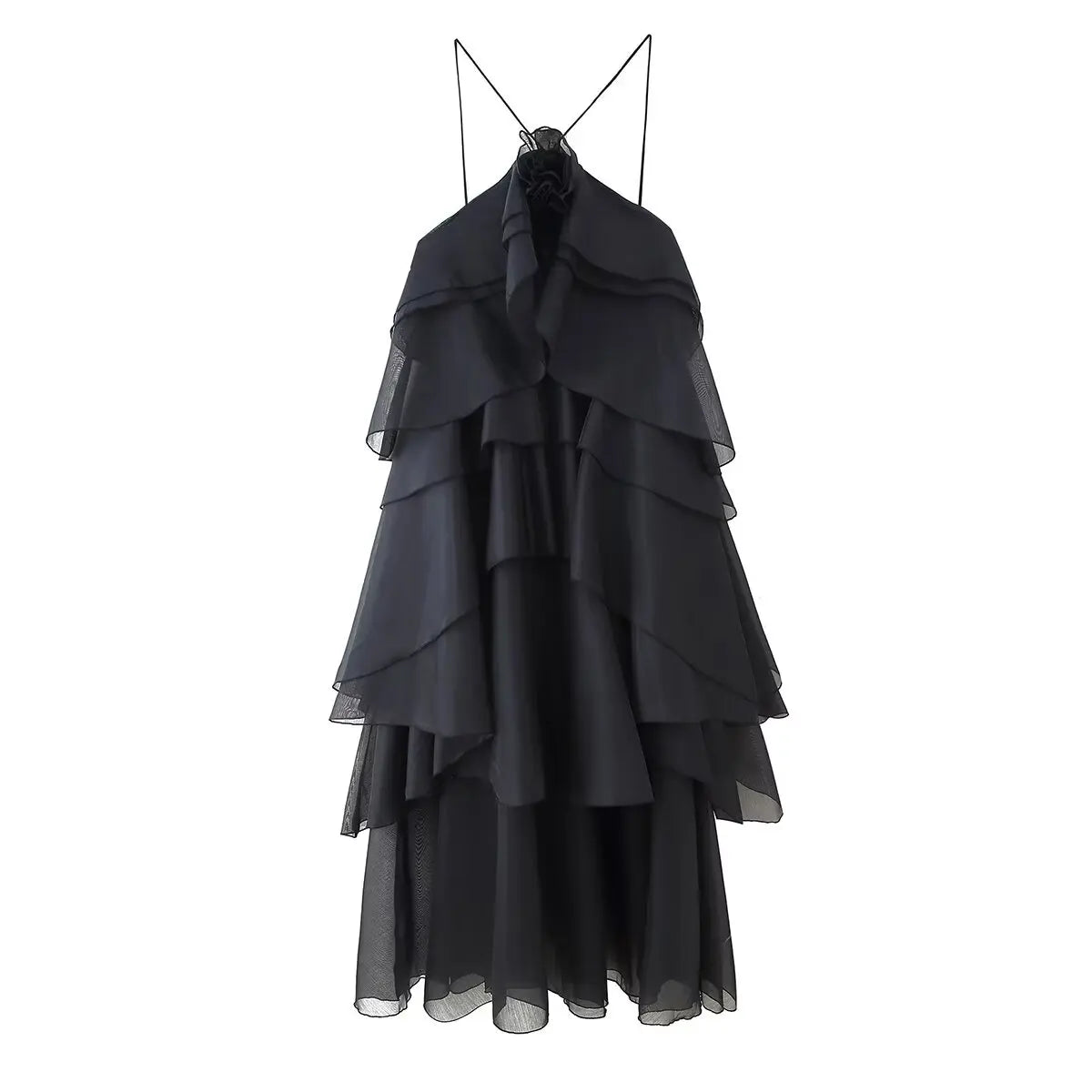 Backless 3D Flower Cascading Ruffle Halter Maxi Dress For Women
