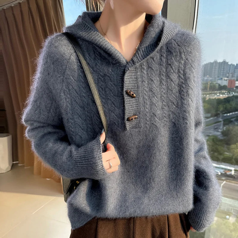 Chunky Knit Loose Hooded Pullover Sweater for Women