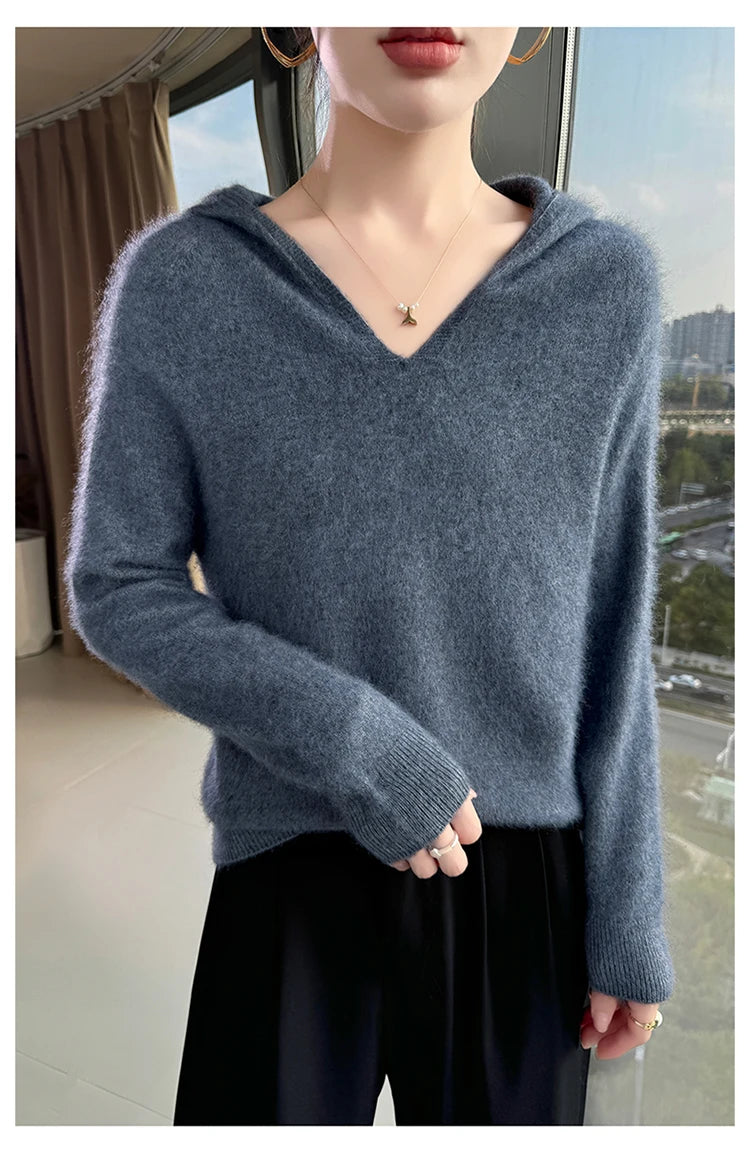 Loose Fit Thick Knit Hooded V-Neck Sweater for Women