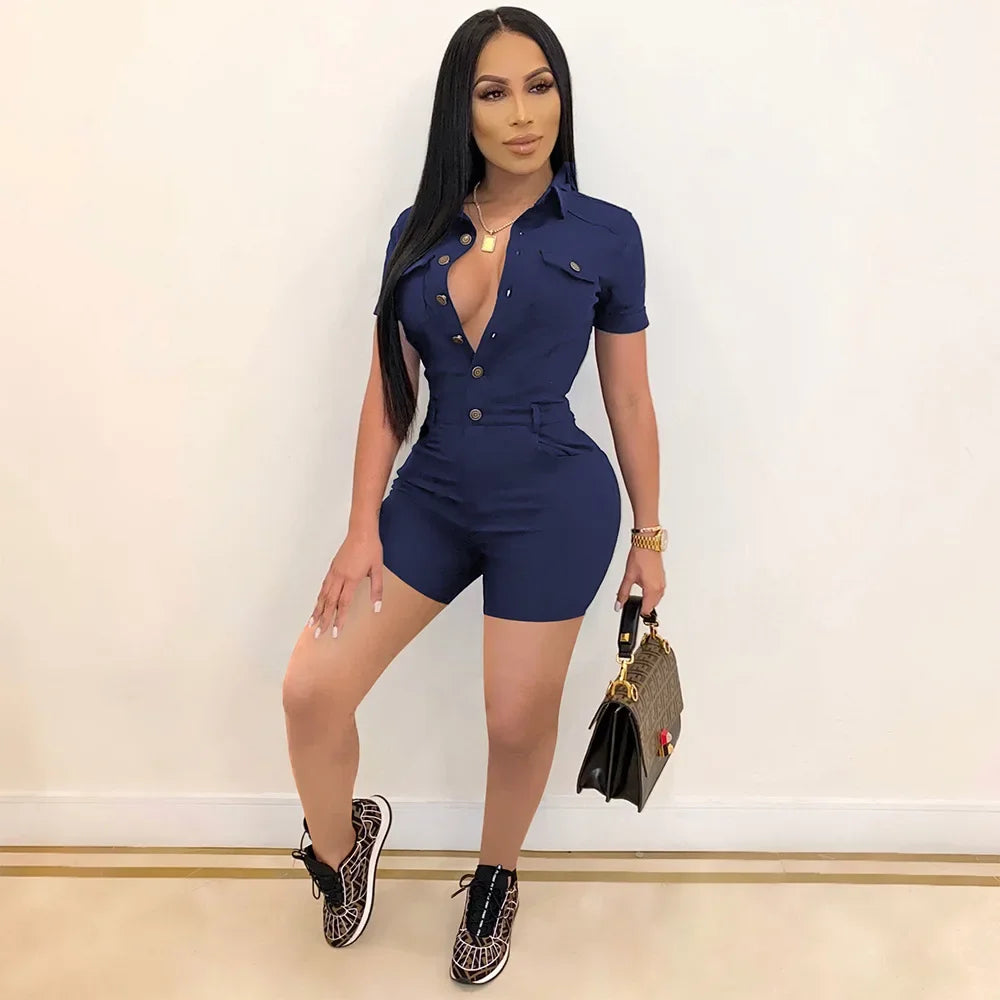 Summer V Neck Mesh Cargo Short Jumpsuit for Women
