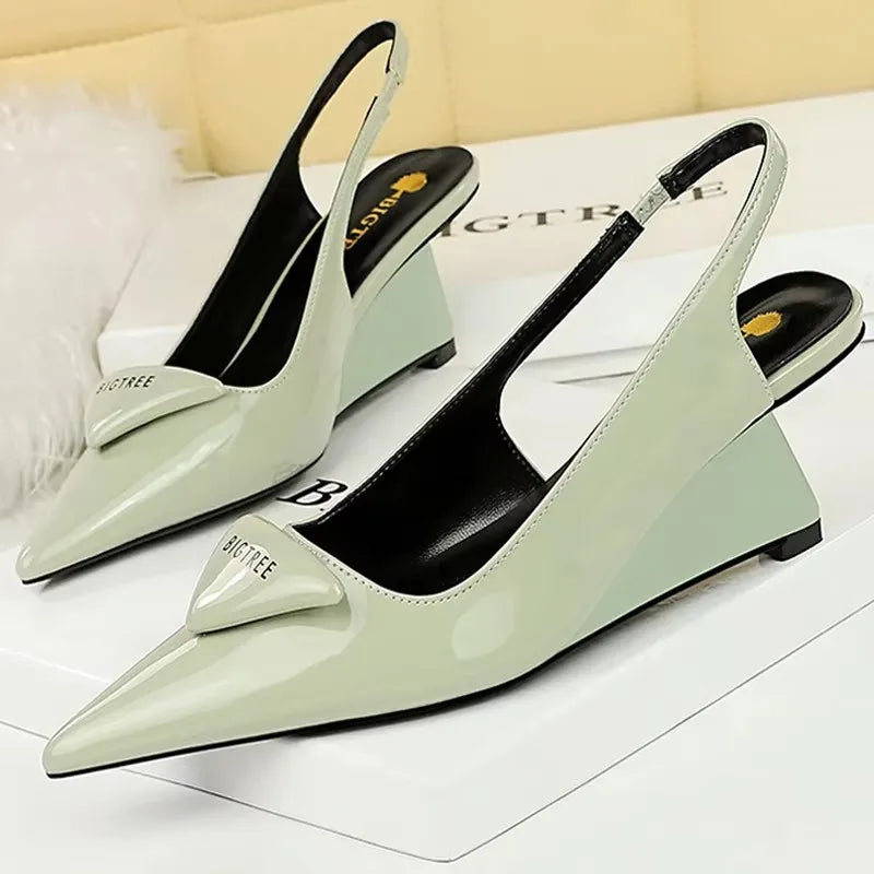 Patent Leather Wedge Heel Pumps With Back Strap for Women