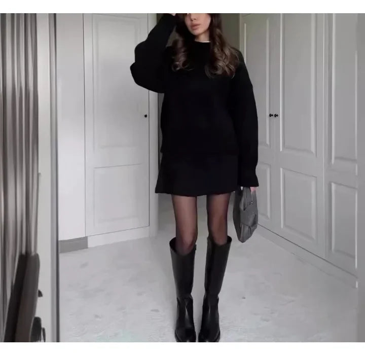 Fashion Two Piece Skirt Set Women 2024 Autumn New Casual Versatile College Style Knitted Sweater & A-Line Dress Suit Outfits