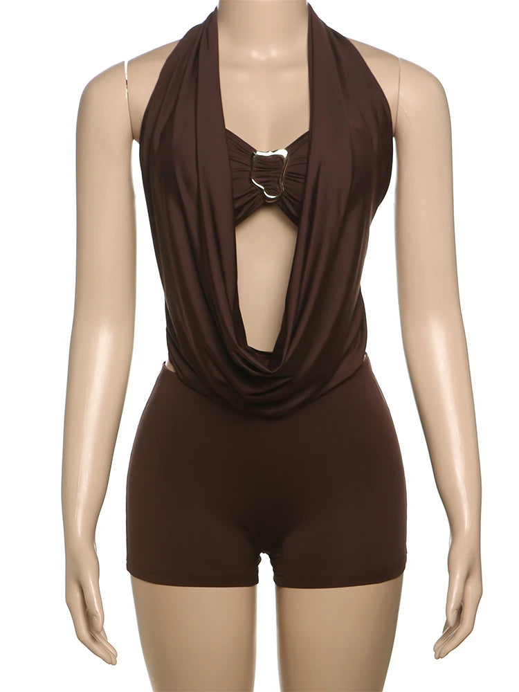 Pleated Backless Slim Romper Playsuit for Women Party Wear