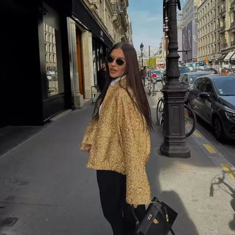 Suninheart Women's Sequined Bomber Jacket Fall O Neck Long Sleeve Pocket Stretch Hem Sequins Jacket Coat Female Chic Outerwear