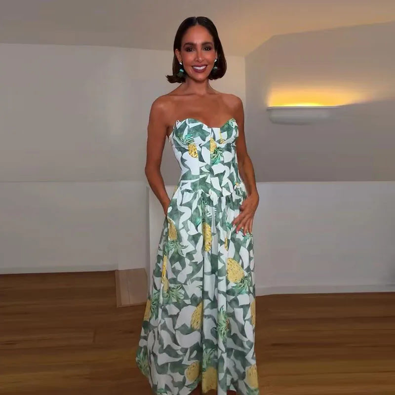 Printed Strapless Long Backless Dress With Pockets For Women
