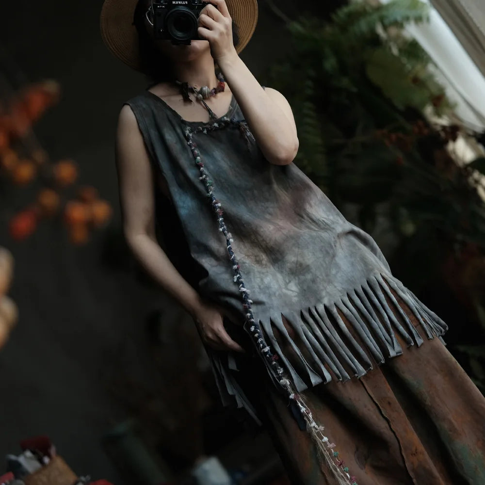Casual Loose Fit Print Tassels Tank Top Cotton for Women