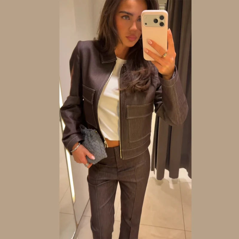 Vintage Turn Down Collar Denim Coat And Pants Set for Women