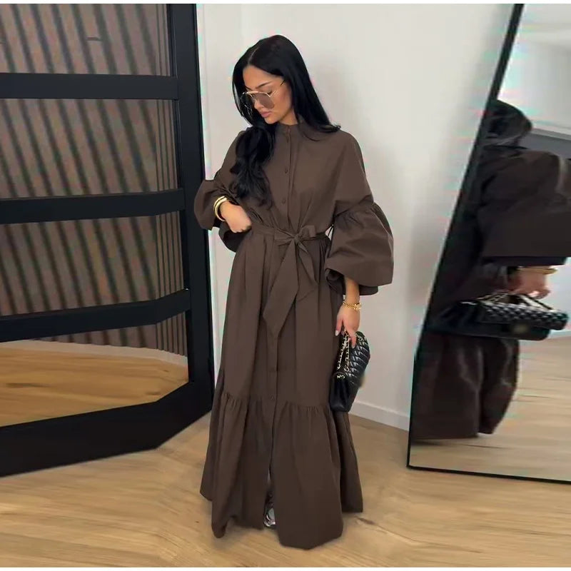 Casual Belted Long Lantern Sleeve Button Dress for Women