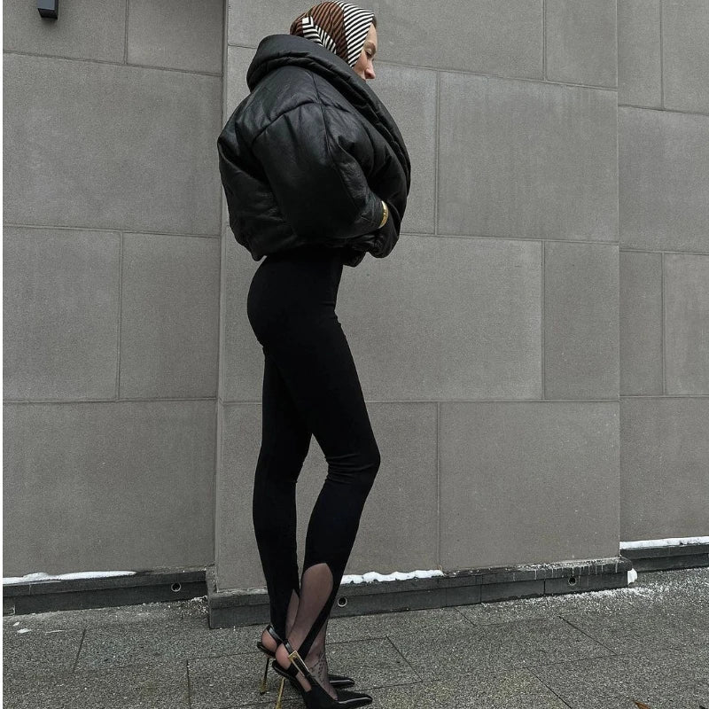 PU Leather Women's Cotton Coat Vintage Laple Full Sleeve Thicken Pockets Female Parka Jackets 2025 Autumn Winter Lady Streetwear