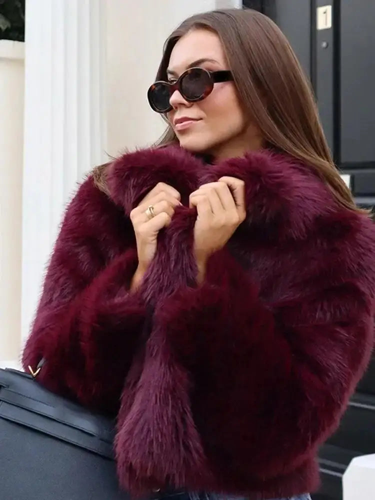Burgundy Faux Fur Coat Vintage Long Sleeve Furry Warm Jacket Casual Fashion Women Coats 2025 Autumn High Street Lady Outerwear