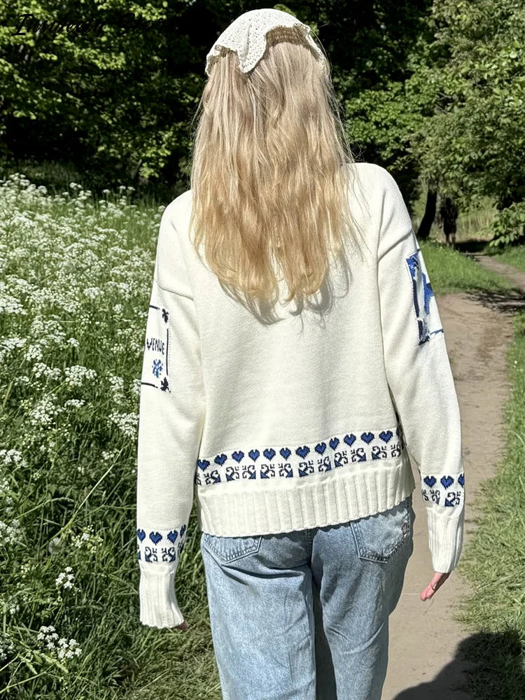 Blue Jacquard Stand Collar Zipper Cardigan for Women