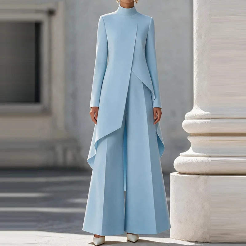Elegant Turtleneck Long Sleeve Top and Wide Leg Pants Set for Women