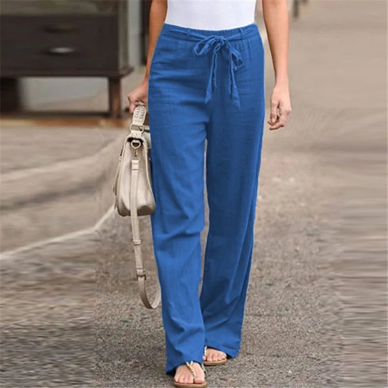 Linen Cotton Elastic Waist Ankle Length Pants for Women