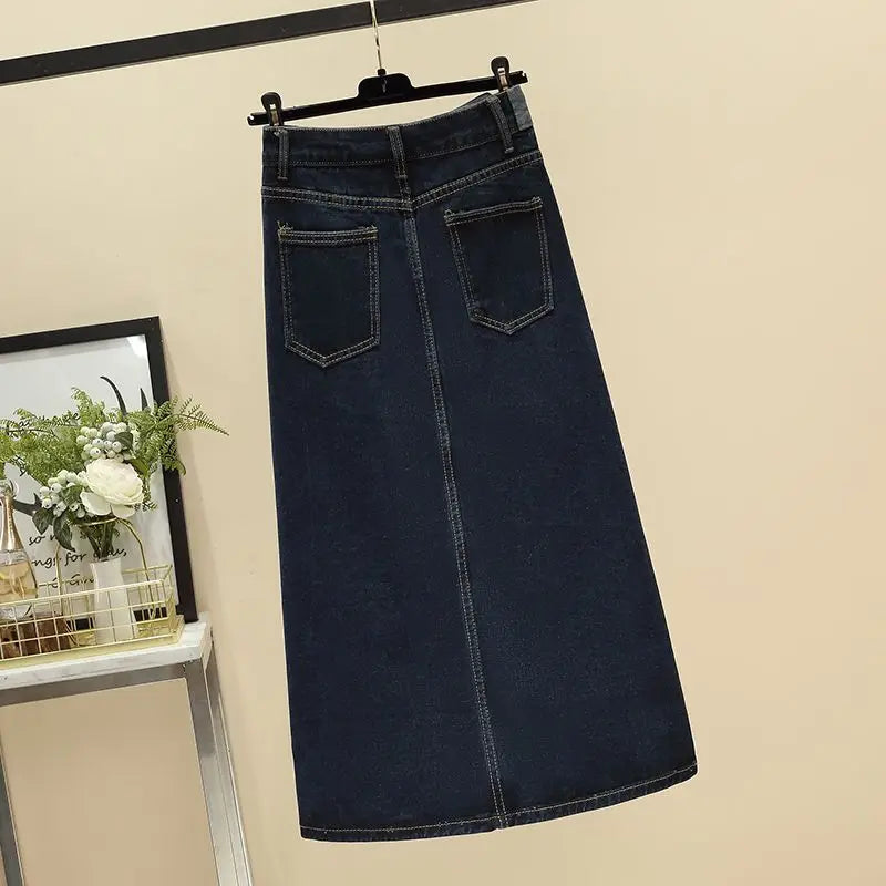 High Waist Split A-Line Denim Midi Skirt With Pockets For Women