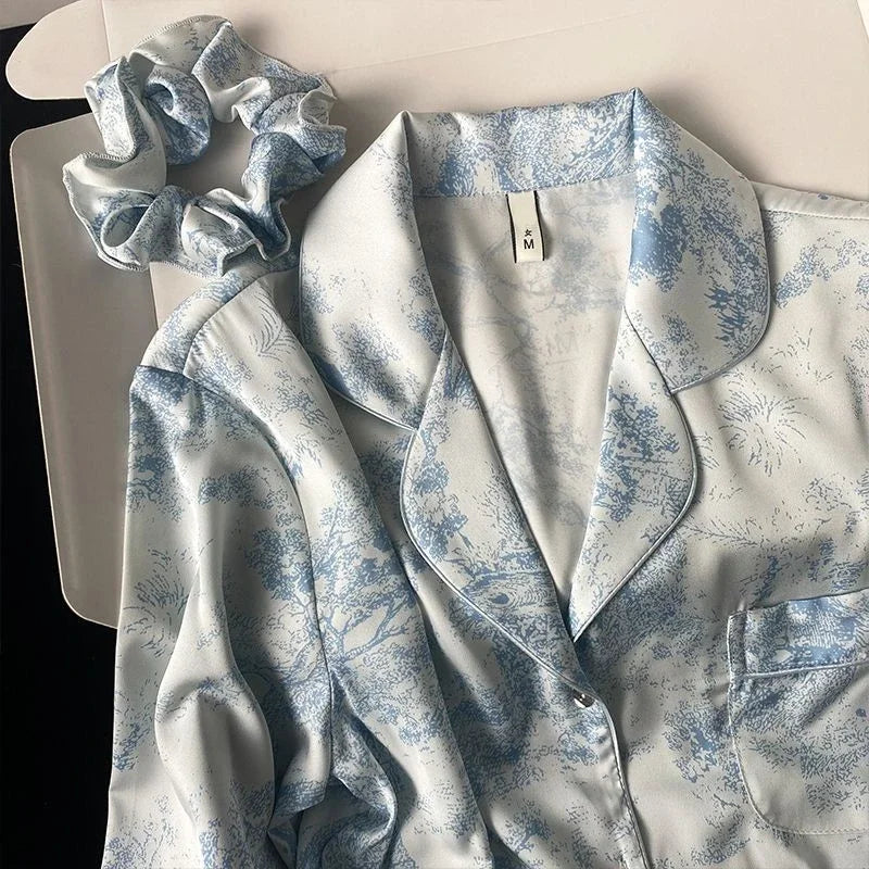 Women's Home Clothes Lapel Button Cardigan 2 Piece Outfit Set Women Printing Pajamas for Women Autumn Winter New Ice Silk