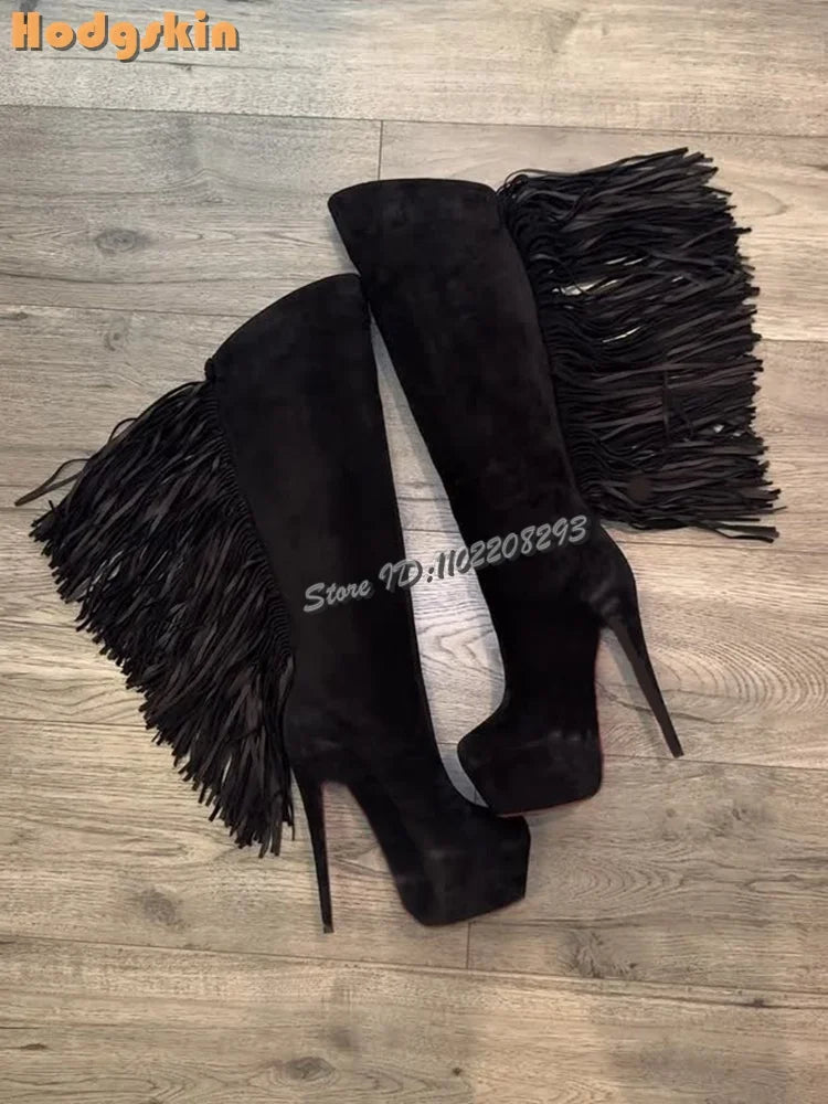 Fringe Suede Knee High Platform Heeled Boots for Women