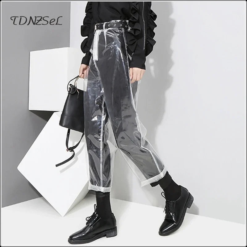 Transparent Loose PVC Straight Pants With Elastic Waist For Women