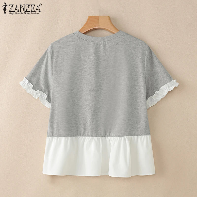 ZANZEA Woman Summer Fashion Chic T-Shirts Round Neck Short Sleeve Ruffle Trim Layered Hem Contrast-Color Casual Patchwork Tees