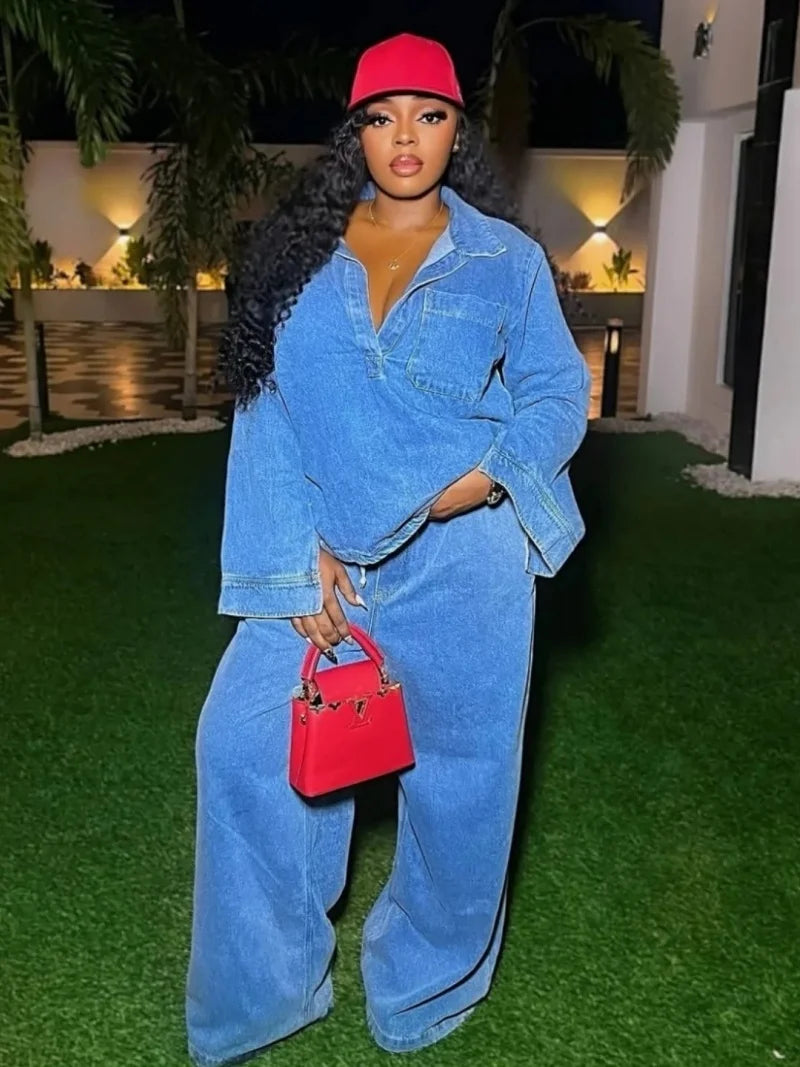 Vintage Long Sleeve Denim Shirt And Jeans Set for Women