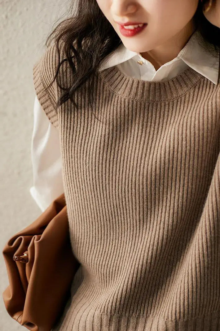 Waistcoat Round O Neck Solid Knit Vests for Women Pullover Lady Sweaters Wool Fashion 2025 Smooth Sleeveless Clothing Winter Y2k