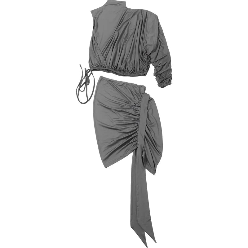 Asymmetrical Ruched One Shoulder Turtleneck Top Two Piece Set for Women