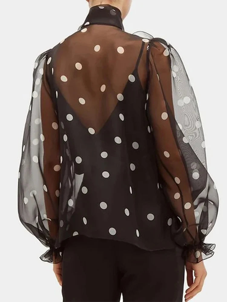 Polka Dot Lace Up Bow Blouse