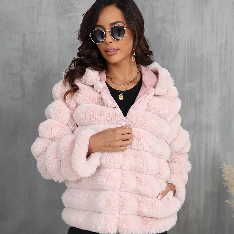 Warm Hooded Short Faux Fur Coat With Turn Down Collar for Women
