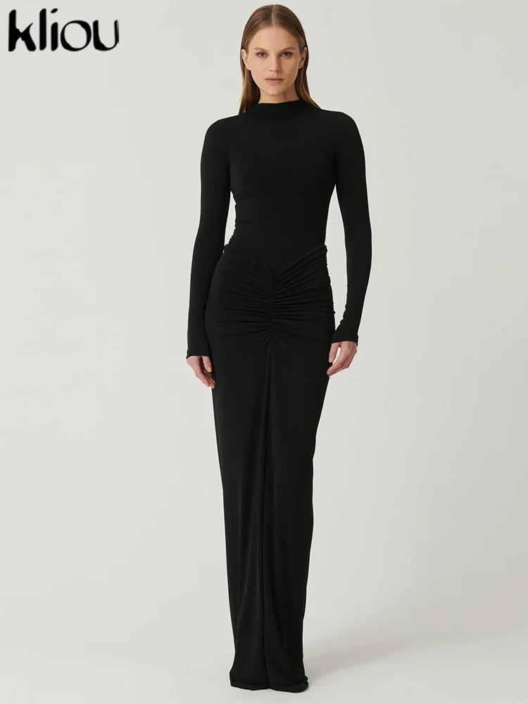 Shirred High Neck Long Sleeve Maxi Dress for Women