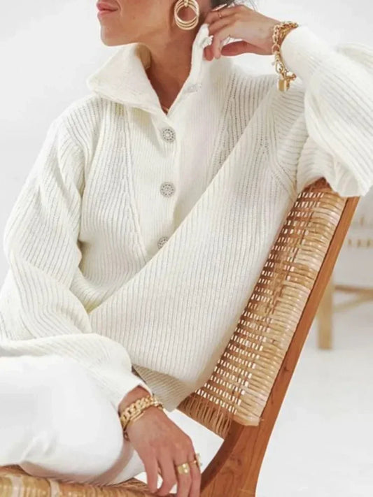 Casual White Pullovers Sweaters Female Fashion Long Sleeves Buttoned High-Neck Sweater Tops Fall Clothes 2025 Women