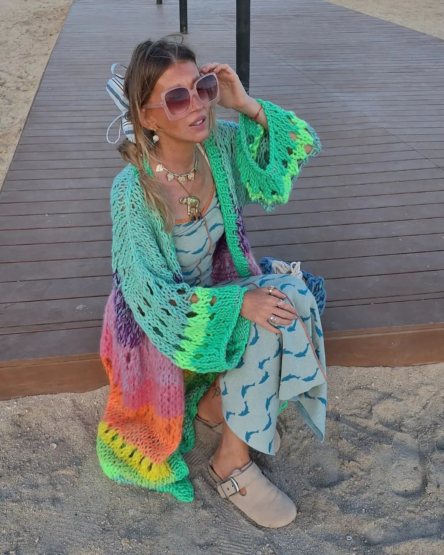 Boho Colorful Luxuriously Handknit Bell Sleeve Crochet Loose Kimono Cardigan 2024 Women Fall Winter Coat Beach Coverup Dress K12
