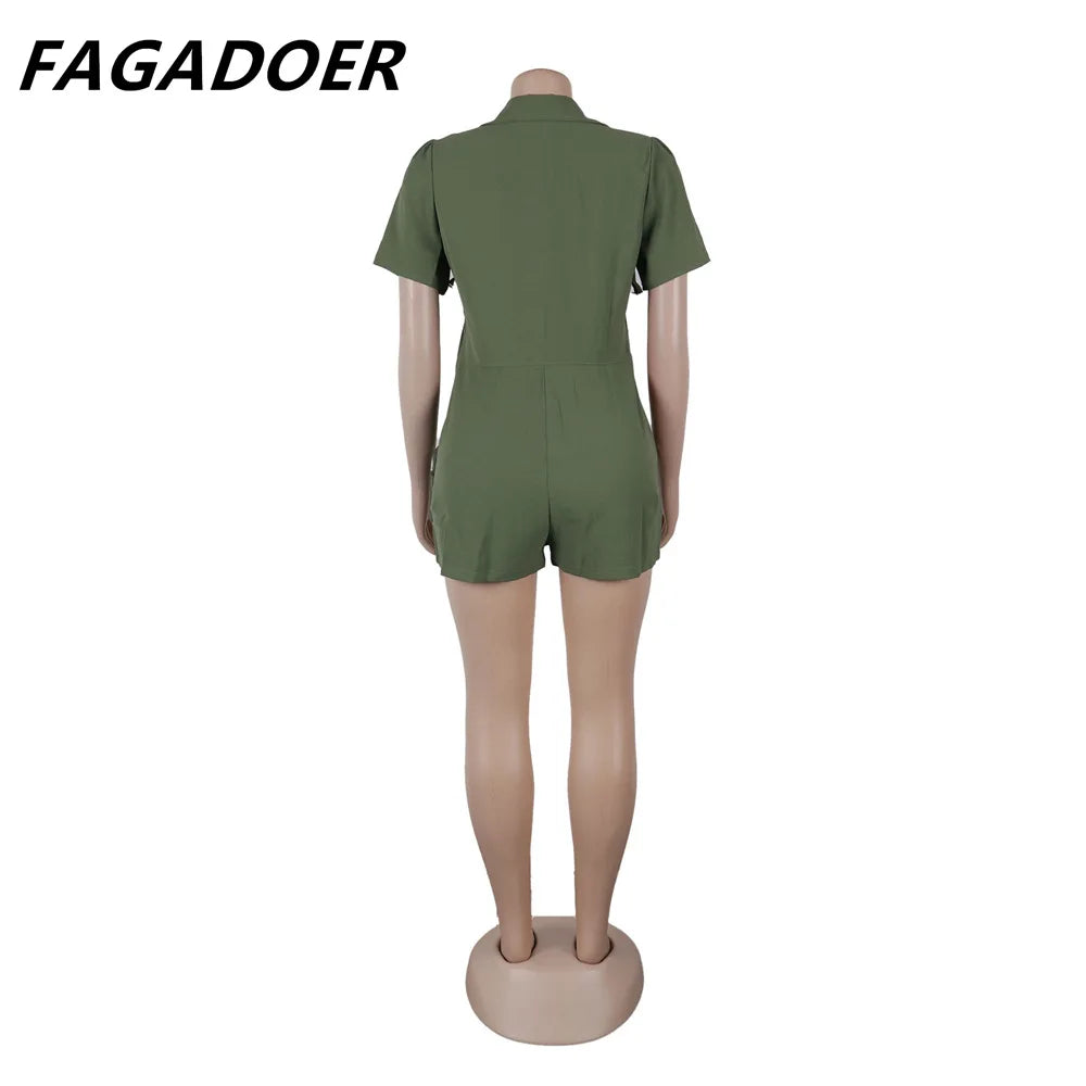 Solid Color Pocket Cargo Short Sleeve V Neck Romper for Women