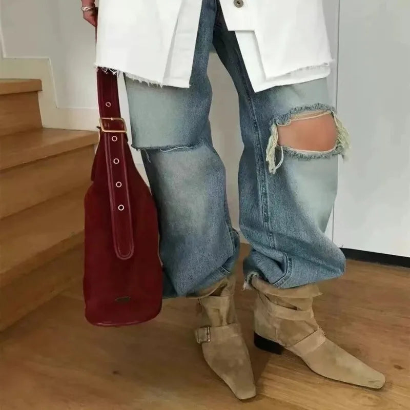 Vintage Suede Square Heel Boots