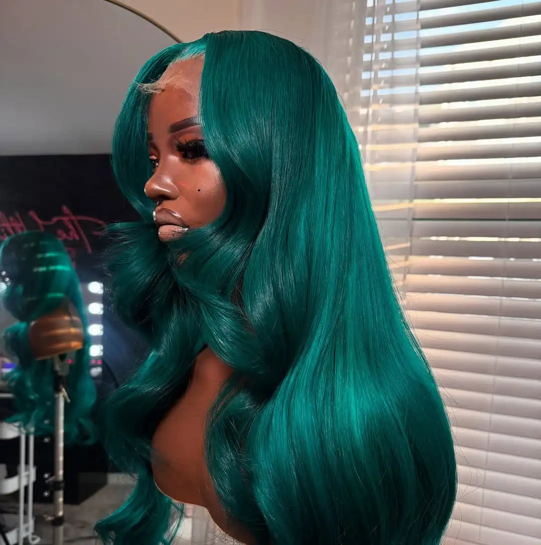 Cyan Green Body Wave Human Hair Lace Front Wig for Women