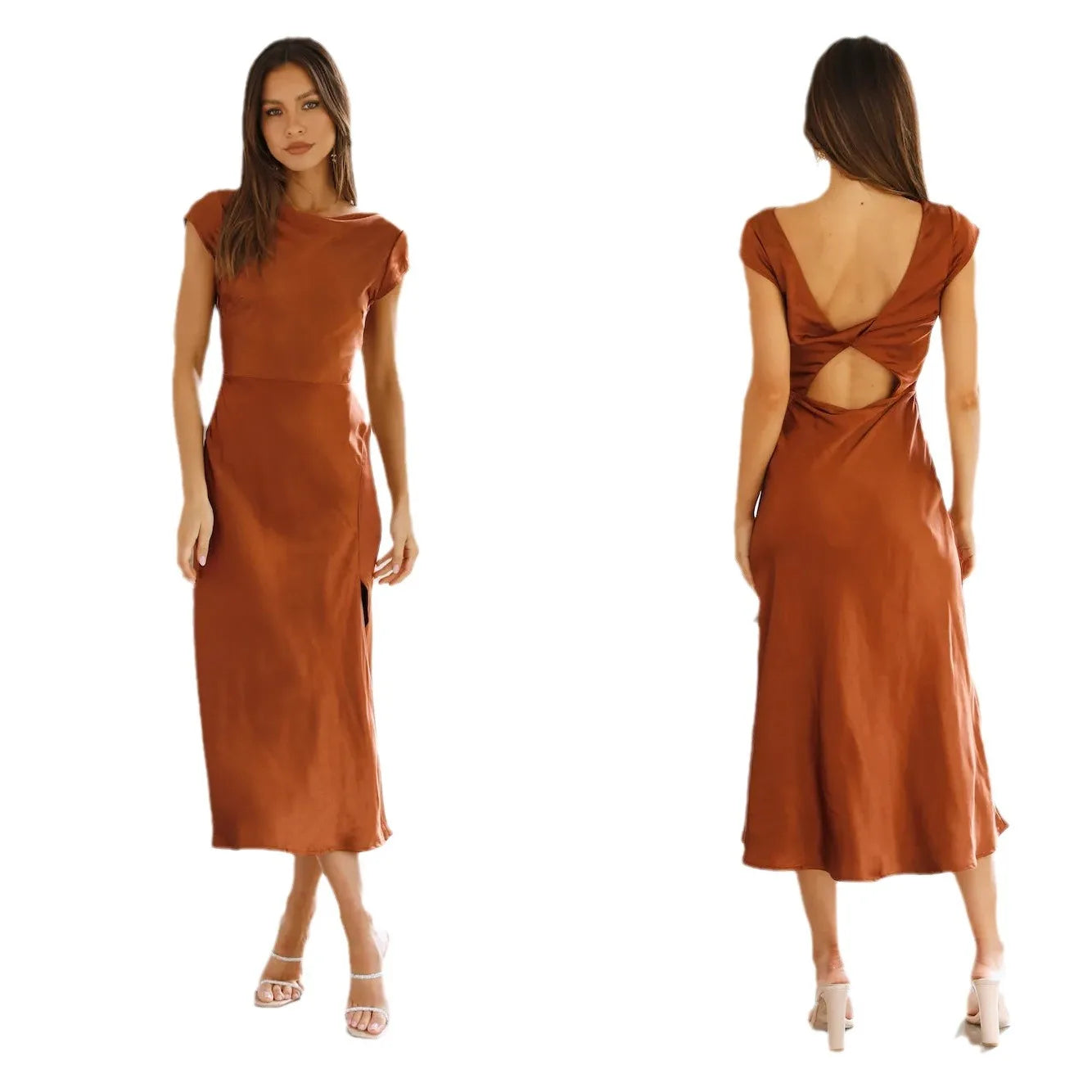 Elegant Solid Color Satin Slim Backless Slit Dress for Women