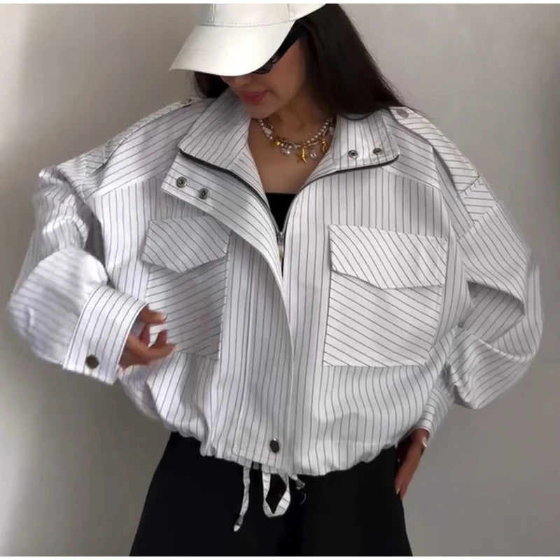Casual Cropped Jacket With Stand Collar and Drawstring Hem for Women