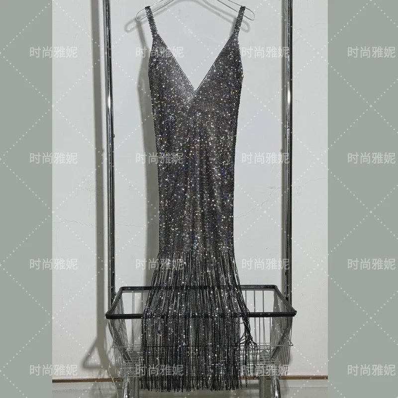 Fashion Heavy Diamond Shawl Bust Long Sleeve Top Sexy Girl Evening Dress V-Neck Slim Hip Wrap Tassel Suspender Dress 2-piece Set
