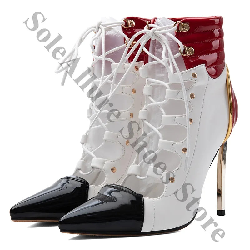Patent Crisscross Lace Up High Heel Ankle Boots for Women